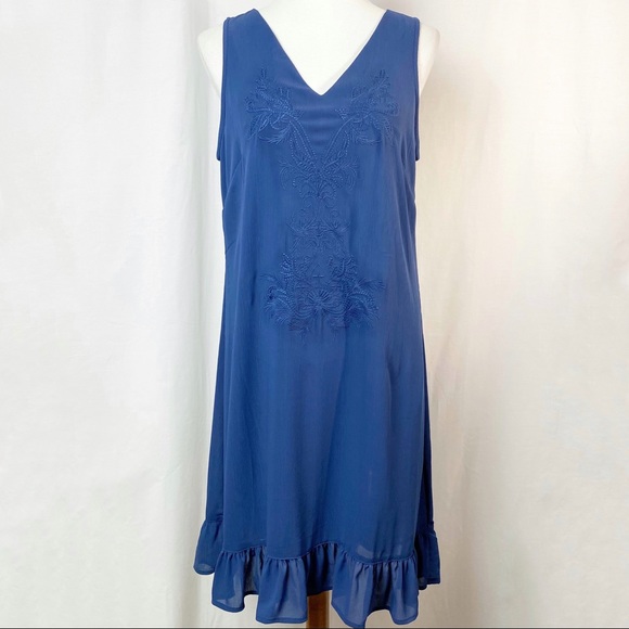Sharagano Teal Blue Embroidered Sleeveless Ruffle Hem Dress 10 NEW NWT - Picture 1 of 9